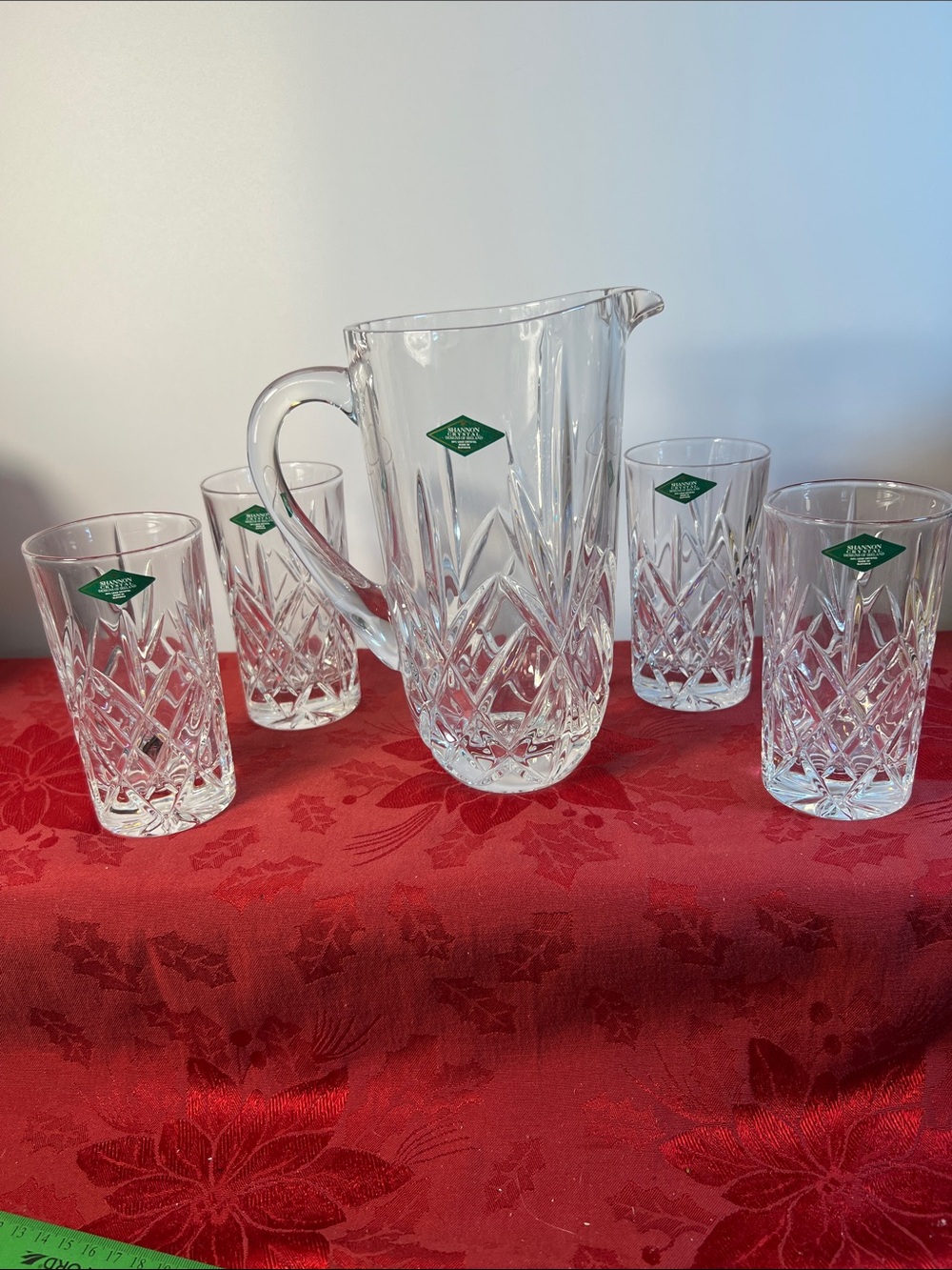Shannon Crystal Designs of Ireland Pitcher and 4 Tumblers.  24% lead crystal.